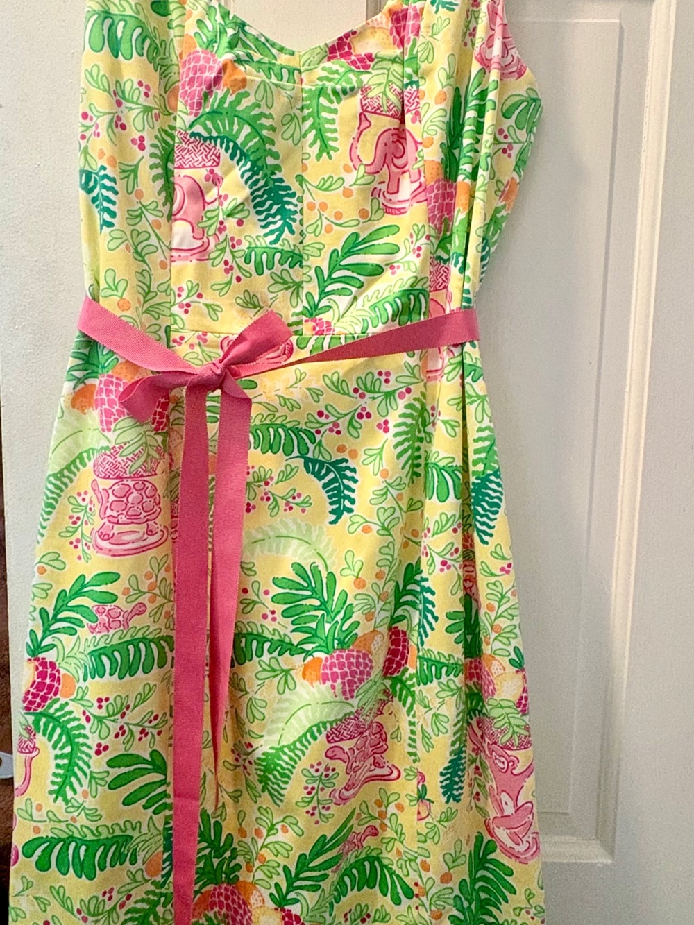 Lilly Pulitzer Yellow Tropical Print Nightgown with Pink Waist Tie